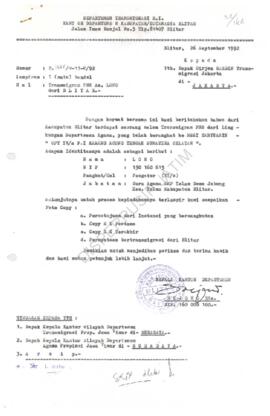 Dari Kepala Kantor Departemen Transmigrasi Blitar kepada Direktur Jenderal RAHBIN