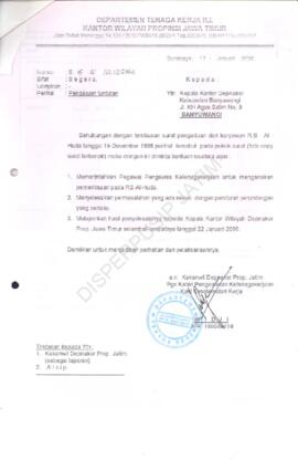 Surat Kakanwil Depnaker Prop. Jatim : Surat kepada Kepala Kantor Depnaker Kab. Banyuwangi tentang...