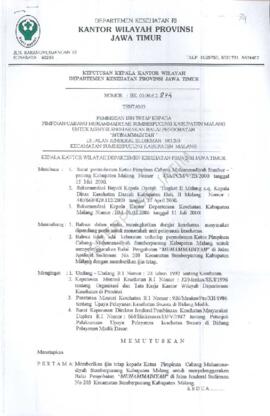 Surat Keputusan Ka.Kanwil Dep.Kes Prop Jatim Nomor : HK.00.06.6.2.874 tentang pemberian ijin teta...