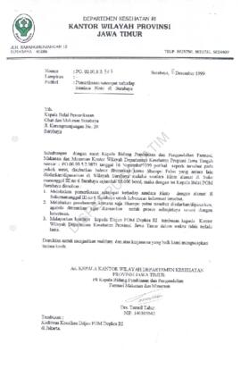 Surat kepada Kepala Balai pemeriksaan obat dan makanan Surabaya JL.Karangmenjangan No.20 Surabaya...