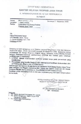 Surat kepada Kepala Kantor Departemen Kesehatan Kotamadya Surabaya Jl.Jemursari Nomor : PO.01.01....