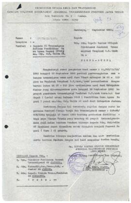 Surat dari Kepala Kanwil Direktorat Jendral Transmigrasi Propinsi Jawa Timur