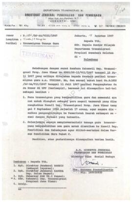 Surat dari Direktorat Jenderal Pengarahan dan Pembinaan Departemen Transmigrasi RI kepada Kepala ...