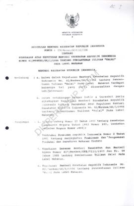 Keputusan Menteri Kesehatan RI  No 82 / MENKES / SK / I /1996 tentang pencantuman tulisan halal p...