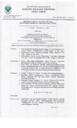 Surat Keputusan Ka.Kanwil Dep.Kes Prop Jatim Nomor : HK.00.06.6.2.1082 tentang pemberian ijin tet...