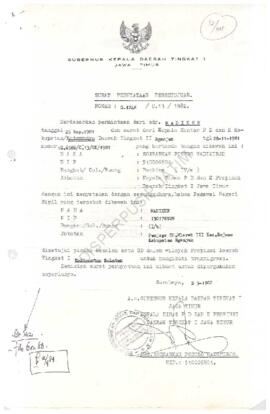 Surat dari Gubernur KDH Tk. I Jawa Timur kepada Kepala Dinas P & K Dati I Jawa Timur