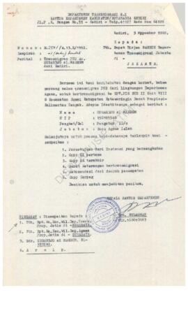 Surat dari Departemen Transmigrasi RI Kepala Departemen Kabupaten/ Kodya Kediri kepada Direktorat...