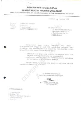 Surat Kakanwil Depnaker  Jatim kepada Dirjen Binawas Depnaker RI di Jakarta Selatan tentang  lapo...