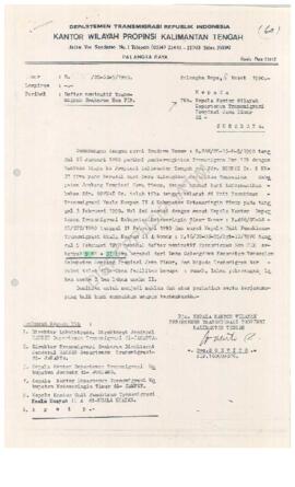 Surat dari Dep. Trans RI Kanwil Prop. Kalimantan Tengah Kepada Kepala Kanwil Dep. Trans Prop. Jatim