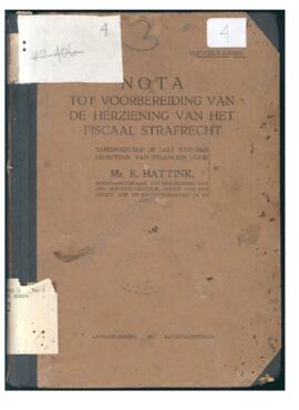 Nota tot Voorberiding van de her Ziening van het Fiscaal Strafrecht. Mr. R. Hattink landsdrukkerj...