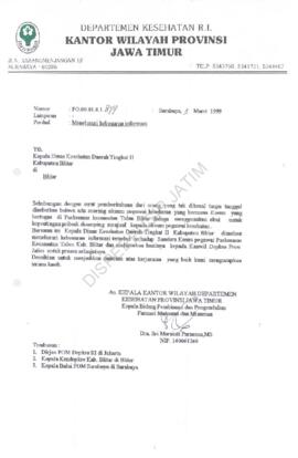 Surat kepada kepala Dinas Kesehatan Daerah Tingkat II Kab.Blitar Nomor : PO.00.01.8.1.847 tentang...